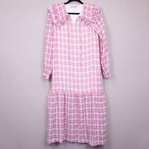Lost Ink double collar pink and white smocked midi dress-10